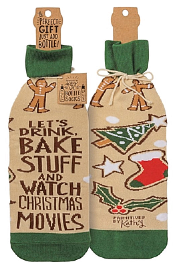 PRIMITIVES BY KATHY CHRISTMAS ALCOHOL WINE BOTTLE SOCK ‘LET’S DRINK, BAKE STUFF & WATCH CHRISTMAS MOVIES