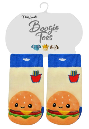 BOOGIE TOES Baby CHEESEBURGER Rattle Gripper Bottom Socks By PIERO LIVENTI