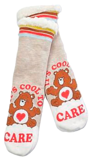 CARE BEARS Ladies Sherpa Lined Gripper Bottom Slipper Socks ‘IT’S COOL TO CARE’ - Novelty Socks for Less