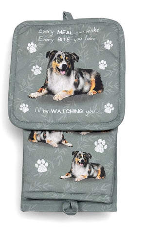 AUSTRALIAN SHEPHERD Dog 3 Piece Oven Mitt & Tea Towel Set By E&S Pets - Novelty Socks And Slippers