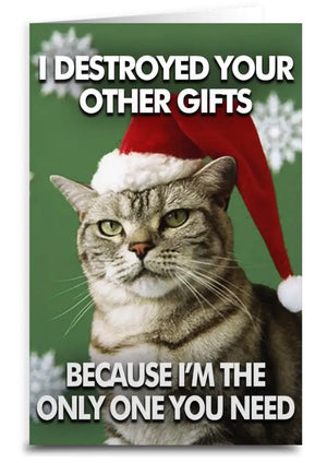 Sassy Cat Christmas Card I DESTROYED YOUR OTHER GIFTS BECAUSE I’M THE ONLY ONE YOU NEED - Novelty Socks And Slippers