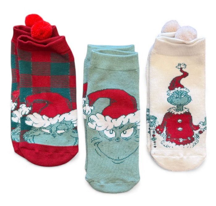 Dr. Seuss How The Grinch Stole Christmas Ladies 3 Pair Of Ankle Pom Socks 'FEELIN' GRINCHY'