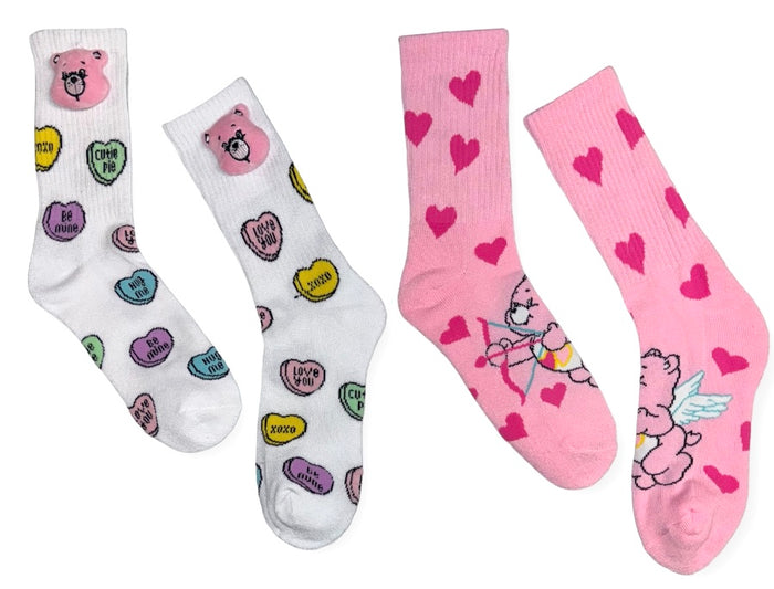 CARE BEARS Ladies 2 Pair Of VALENTINES DAY Socks With 3-D CHEER BEAR HEAD