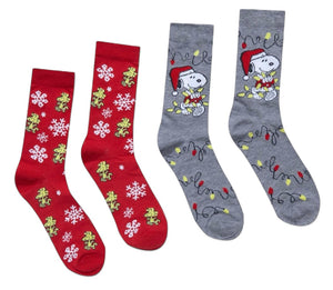 PEANUTS MEN’S CHRISTMAS 2 PAIR OF SOCKS SNOOPY & WOODSTOCK - Novelty Socks And Slippers
