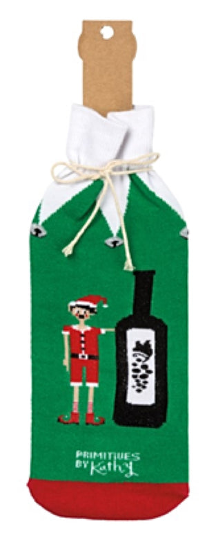 PRIMITIVES BY KATHY ALCOHOL WINE CHRISTMAS BOTTLE SOCK ‘A LITTLE ELF TOLD ME YOU LIKE WINE’ - Novelty Socks for Less