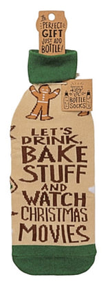 PRIMITIVES BY KATHY CHRISTMAS ALCOHOL WINE BOTTLE SOCK ‘LET’S DRINK, BAKE STUFF & WATCH CHRISTMAS MOVIES - Novelty Socks for Less