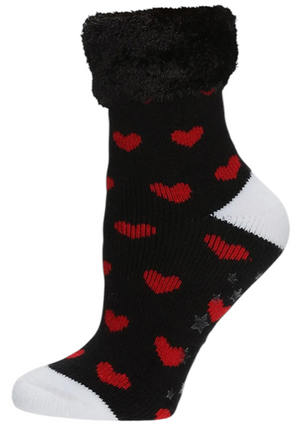 Memoi Brand Ladies Valentines Day Slipper Socks Red Hearts All Over