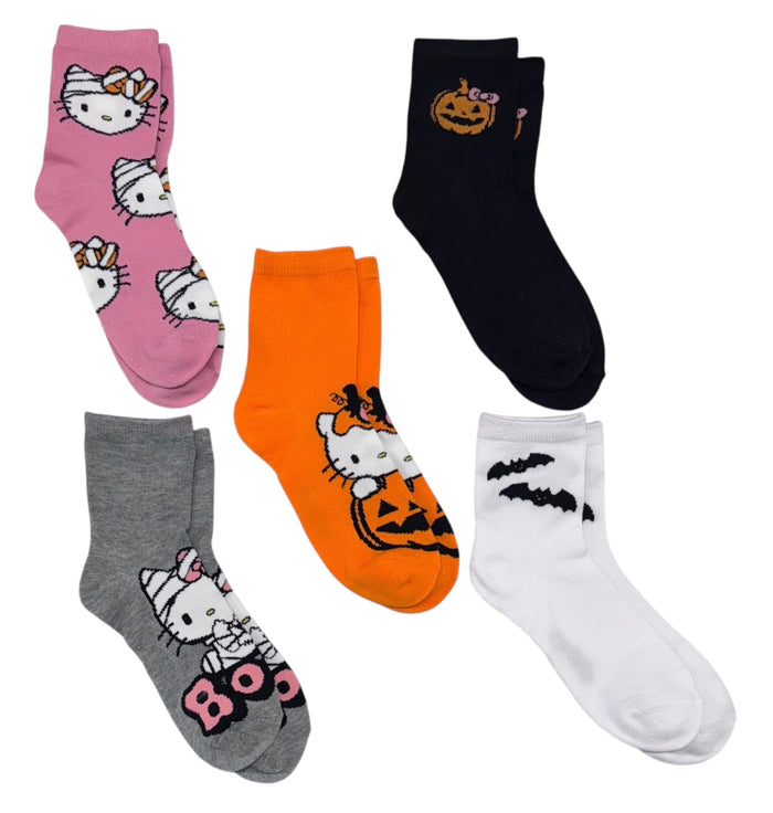 SANRIO HELLO KITTY Ladies 5 Pair Of HALLOWEEN Socks BLACK BATS & PUMPKIN ‘BOO’