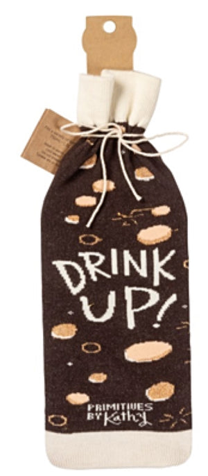 PRIMITIVES BY KATHY ALCOHOL WINE BOTTLE SOCK ‘SIP SIP HOORAY!’ ‘DRINK UP’ - Novelty Socks for Less