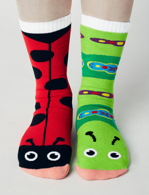 PALS Socks Brand Unisex Toddler LADYBUG & CATERPILLAR Mismatched Gripper Bottom Socks