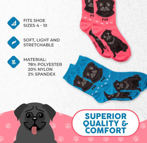 FOOZYS BRAND Ladies 2 Pair Of BLACK PUG DOG Socks