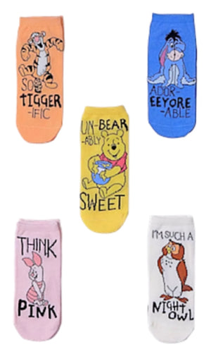 DISNEY WINNIE THE POOH Ladies 5 Pair Of No Show Socks ‘I’M SUCH A NIGHT OWL’ - Novelty Socks for Less