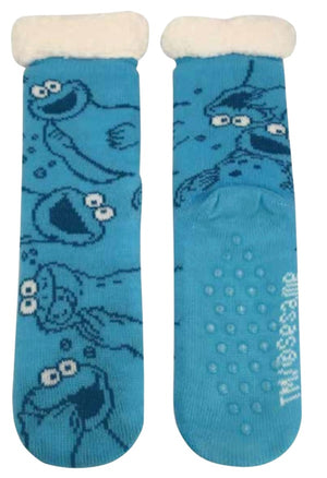 SESAME STREET Ladies COOKIE MONSTER Sherpa Lined Gripper Bottom Slipper Socks - Novelty Socks And Slippers