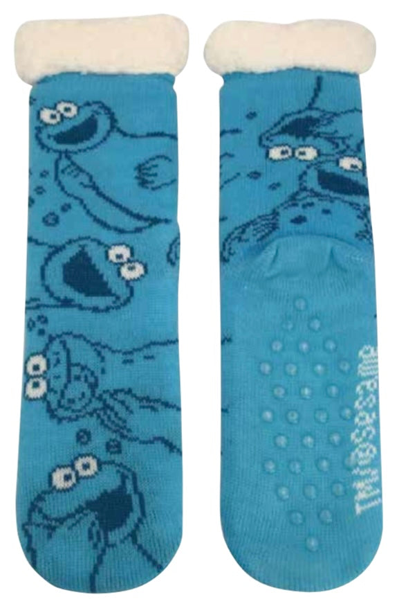 SESAME STREET Ladies COOKIE MONSTER Sherpa Lined Gripper Bottom Slipper Socks