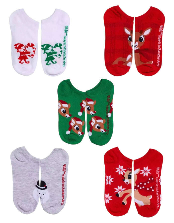 RUDOLPH THE RED NOSED REINDEER Ladies 5 Pair Of No Show Socks CLARICE & SAM THE SNOWMAN