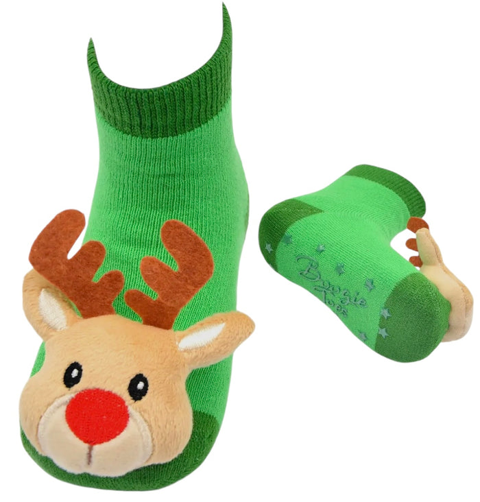 BOOGIE TOES Baby CHRISTMAS REINDEER Rattle Gripper Bottom Socks By PIERO LIVENTI