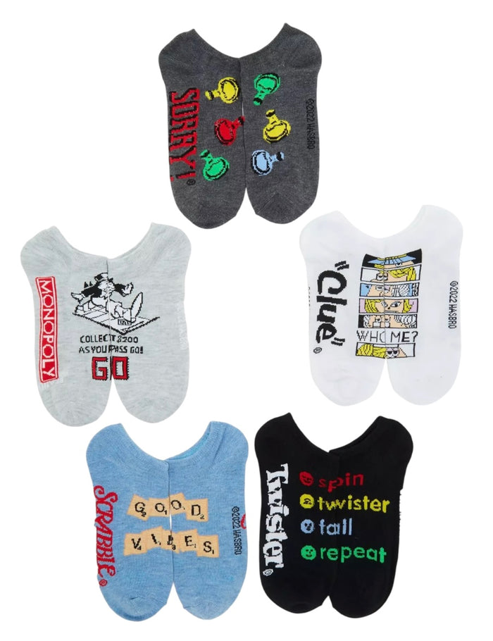 HASBRO GAMES Ladies 5 Pair No Show Socks OPERATION, CANDYLAND, TWISTER, CLUE