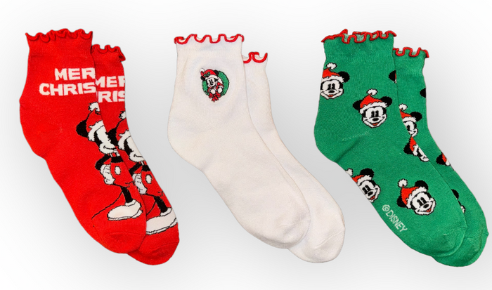 DISNEY Ladies MICKEY MOUSE 3 Pair Of CHRISTMAS Socks SANTA MICKEY