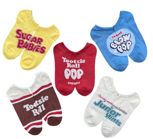 TOOTSIE ROLL Ladies 5 Pair Of No Show Socks JUNIOR MINTS, SUGAR BABIES - Novelty Socks And Slippers