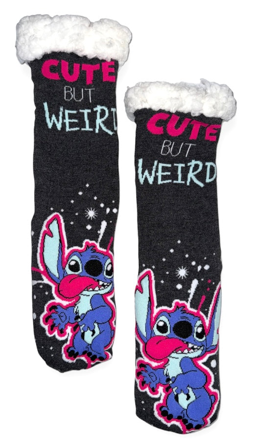 DISNEY LILO & STITCH LADIES SHERPA LINED GRIPPER BOTTOM SLIPPER SOCKS ’CUTE BUT WEIRD’