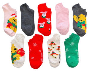 DISNEY WINNIE THE POOH Ladies 9 Pair Of CHRISTMAS Low Show Socks - Novelty Socks And Slippers