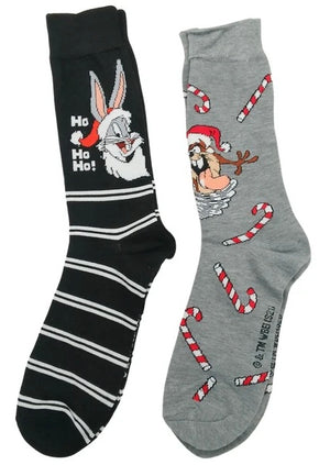LOONEY TUNES MEN’S 2 Pair Of BUGS BUNNY CHRISTMAS SOCKS With TAZ 'HO HO HO' - Novelty Socks And Slippers