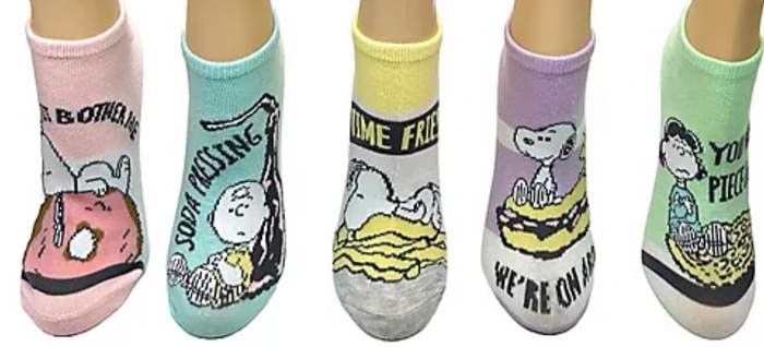 PEANUTS Ladies 5 Pair Of No Show Socks SNOOPY, LUCY & CHARLIE BROWN ‘DONUT BOTHER ME’