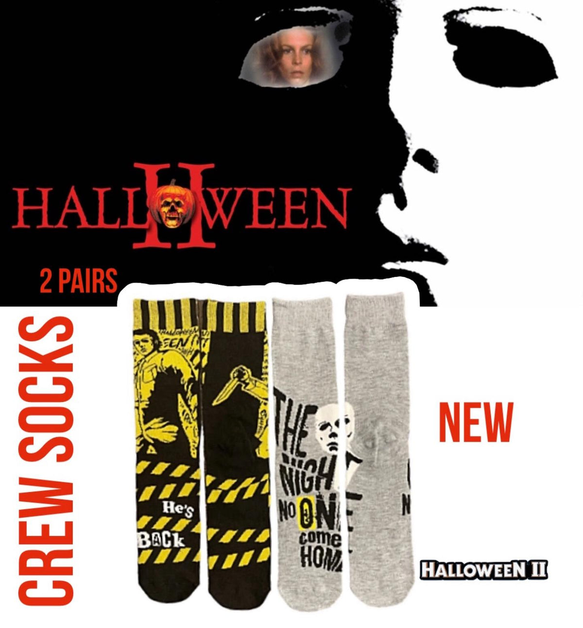 HALLOWEEN II Men’s 2 Pair Of MICHAEL MYERS Socks ‘THE NIGHT NO ONE COMES HOME’