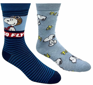 PEANUTS MEN’S 2 PAIR OF SOCKS SNOOPY AS FLYING ACE ‘SO FLY’ With WOODSTOCK - Novelty Socks And Slippers
