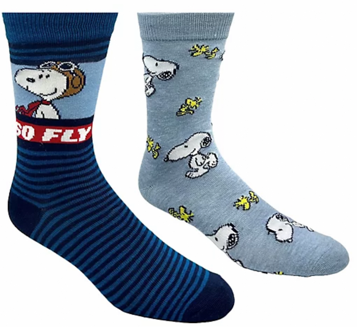 PEANUTS MEN’S 2 PAIR OF SOCKS SNOOPY AS FLYING ACE ‘SO FLY’ With WOODSTOCK