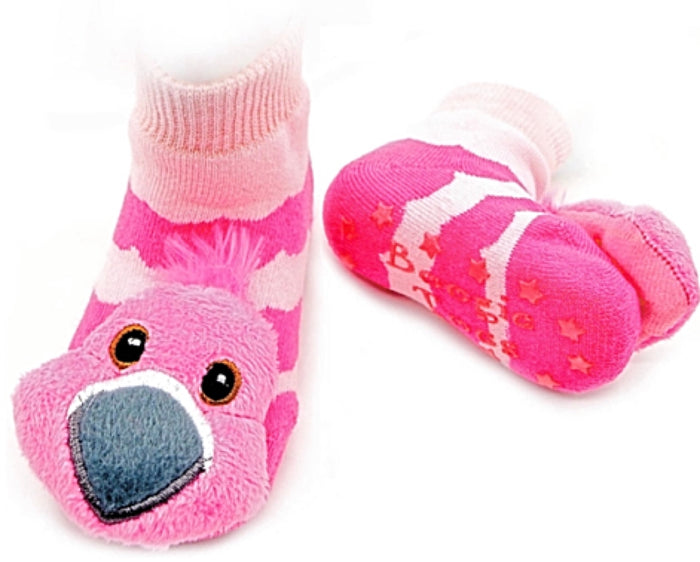 BOOGIE TOES Unisex Baby PINK FLAMINGO Rattle GRIPPER BOTTOM Socks By PIERO LIVENTI