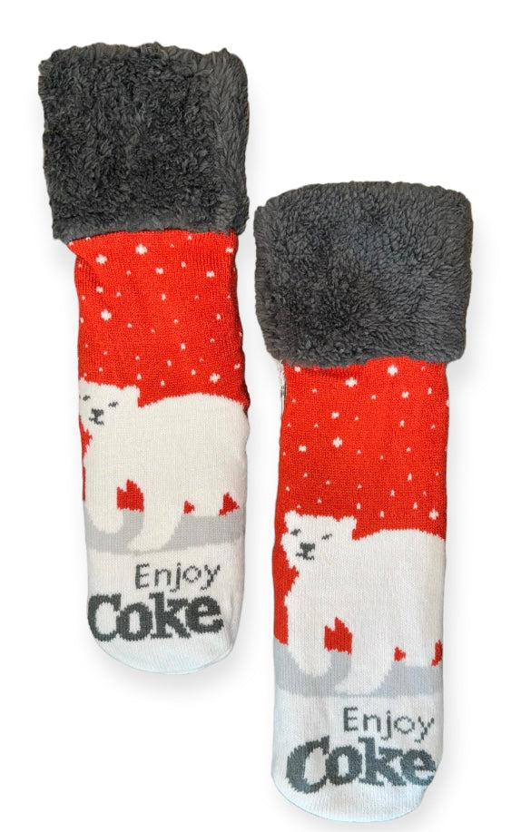 COCA-COLA Ladies POLAR BEAR Sherpa Lined Gripper Bottom Slipper Socks ‘ENJOY COKE’