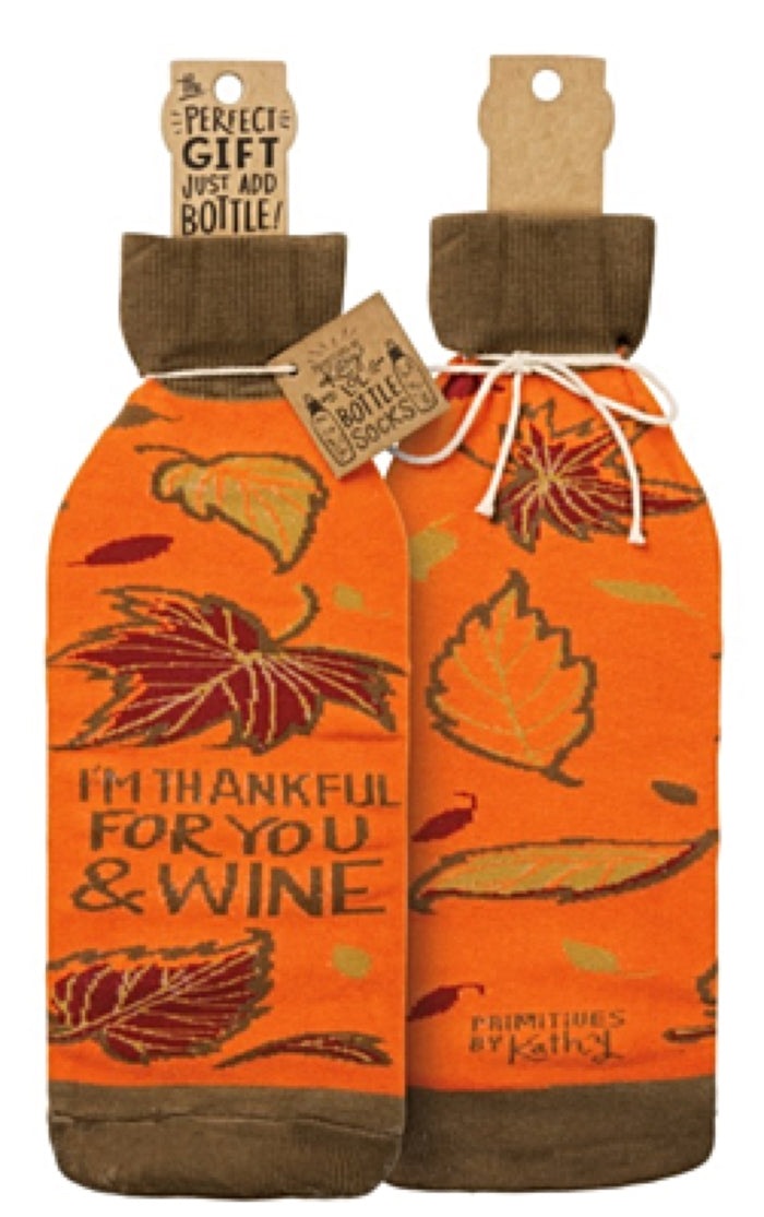 PRIMITIVES BY KATHY THANKSGIVING ALCOHOL WINE BOTTLE SOCK ‘I’M THANKFUL FOR YOU & WINE’