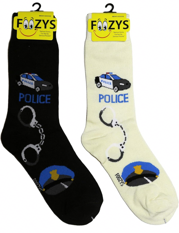 FOOZYS Brand Men’s 2 Pair POLICE OFFICER Socks POLICE CAR, HANDCUFFS