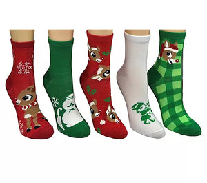 RUDOLPH THE RED NOSED REINDEER Ladies 5 Pair Of Socks SAM THE SNOWMAN