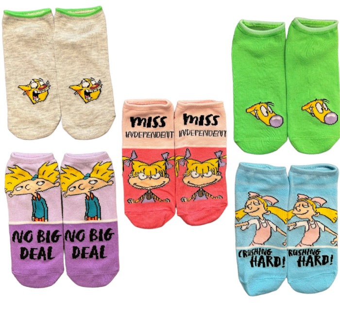 NICKELODEON Ladies 5 Pair Of No Show Socks HEY ARNOLD, CATDOG, RUGRATS ‘MISS INDEPENDENT’