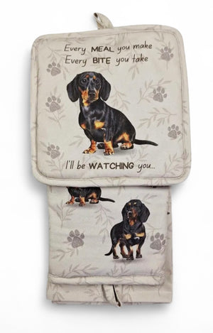 DACHSHUND Dog 3 Piece Oven Mitt & Tea Towel Set By E&S Pets (CHOOSE RED OR BLACK DOG) - Novelty Socks And Slippers