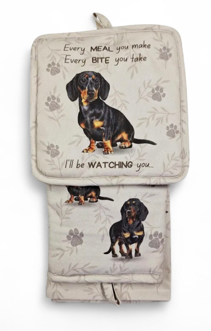DACHSHUND Dog 3 Piece Oven Mitt & Tea Towel Set By E&S Pets (CHOOSE RED OR BLACK DOG)