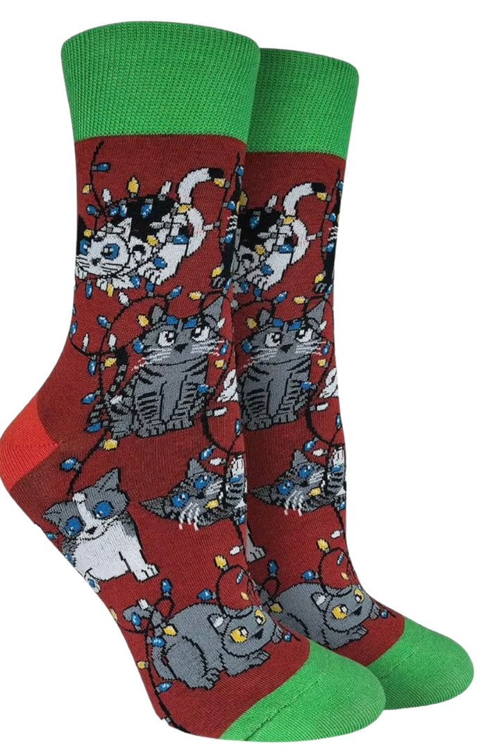 GOOD LUCK SOCK Brand Ladies CHRISTMAS LIGHTS CATS Socks