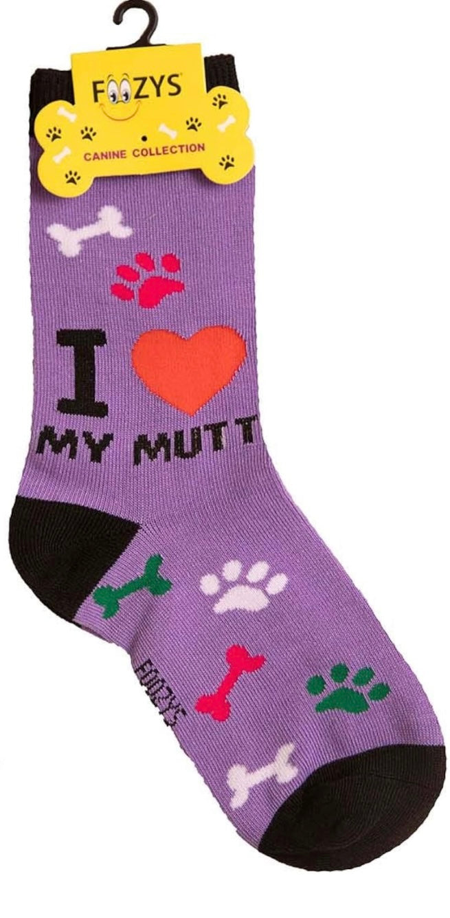 FOOZYS Brand Ladies I LOVE MY MUTT Socks PAW PRINTS, DOG BONES