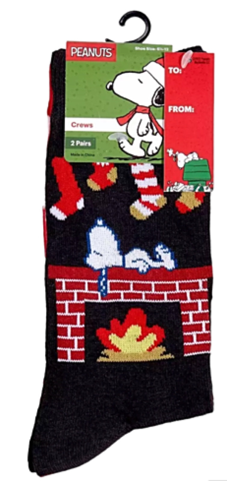 PEANUTS MEN’S CHRISTMAS 2 PAIR OF SOCKS SNOOPY & WOODSTOCK With FIREPLACE - Novelty Socks for Less