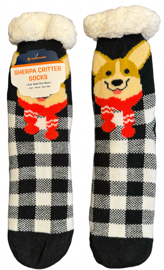 CUTE DOG Ladies Sherpa Lined Gripper Bottom Slipper Socks (CHOOSE PATTERN)