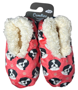 BLACK & WHITE SHIH TZU Dog Ladies Non-Slip Slippers COMFIES BRAND By E&S Pets - Novelty Socks And Slippers