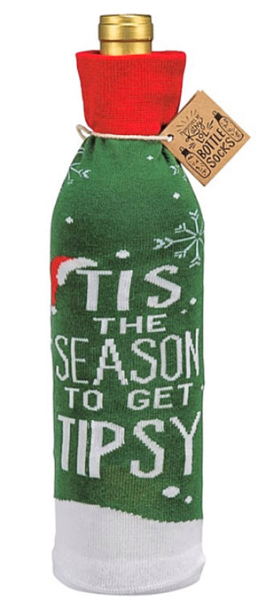 PRIMITIVES BY Kathy CHRISTMAS ALCOHOL WINE BOTTLE SOCK ‘TIS THE SEASON TO GET TIPSY’ - Novelty Socks for Less