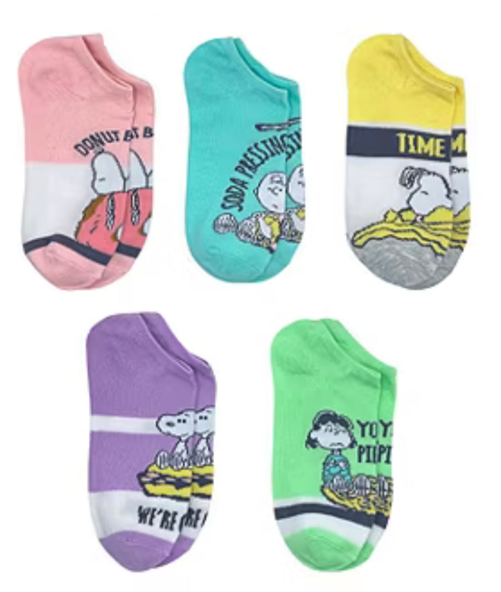 PEANUTS Ladies 5 Pair Of No Show Socks SNOOPY, LUCY & CHARLIE BROWN ‘TIME FRIES’ With FRENCH FRIES - Novelty Socks And Slippers