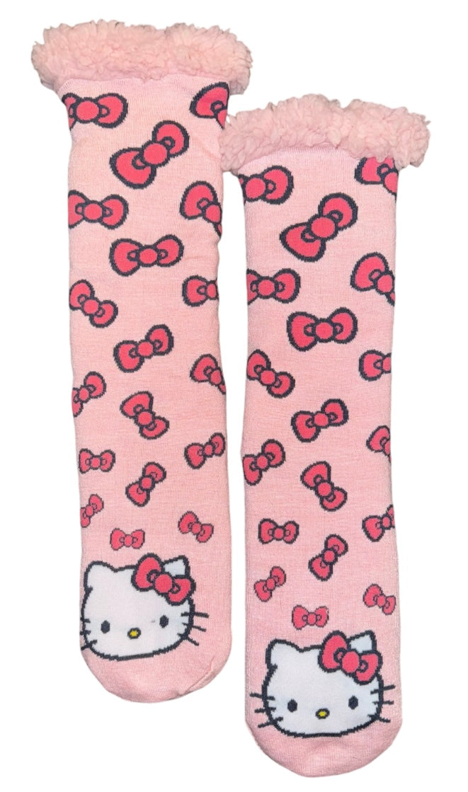 SANRIO HELLO KITTY Ladies Sherpa Lined Gripper Bottom Slipper Socks With Hello Kitty Bows All Over