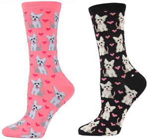 MeMoi BRAND LADIES WESTIE DOG VALENTINE’S DAY SOCKS WITH HEARTS (CHOOSE COLOR) - Novelty Socks for Less