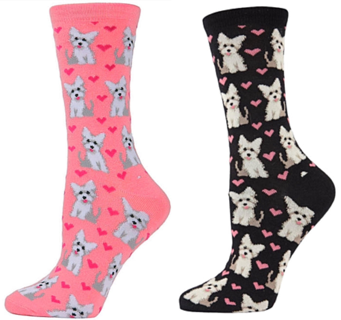 MeMoi BRAND LADIES WESTIE DOG VALENTINE’S DAY SOCKS WITH HEARTS (CHOOSE COLOR)