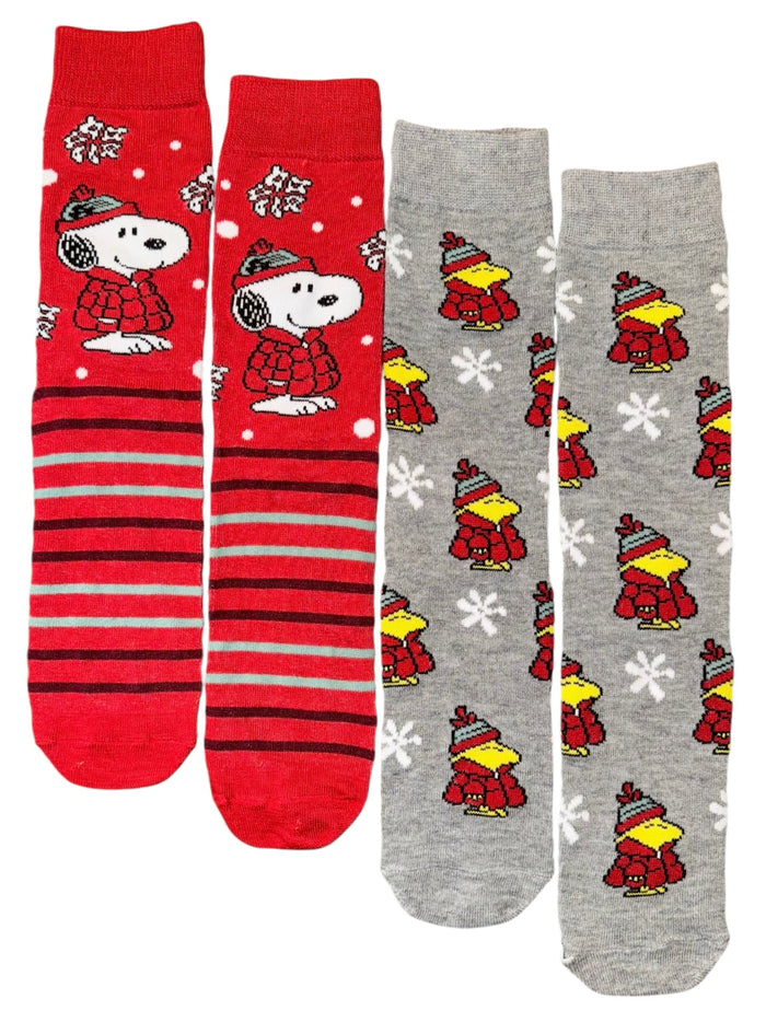 PEANUTS Men’s 2 Pair Of CHRISTMAS Socks SNOOPY & WOODSTOCK With Snowflakes