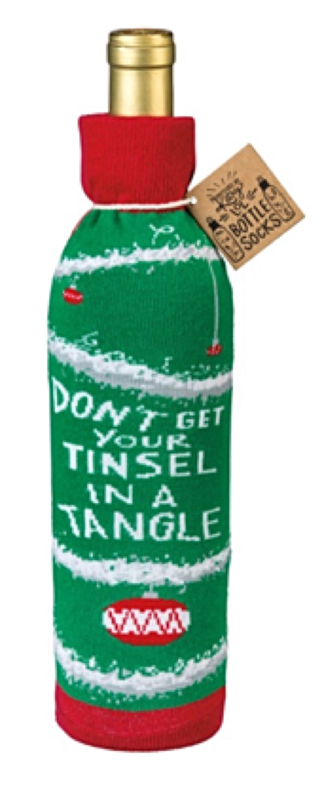 PRIMITIVES BY KATHY CHRISTMAS ALCOHOL WINE BOTTLE SOCK ‘DON’T GET YOUR TINSEL IN A TANGLE’ - Novelty Socks for Less
